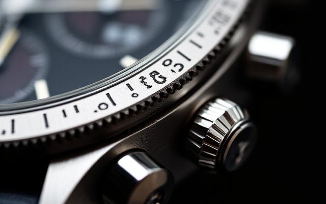 精密計時師 手巻きクロノグラフのリュウズとねじ込み式プッシュボタンのクローズアップ